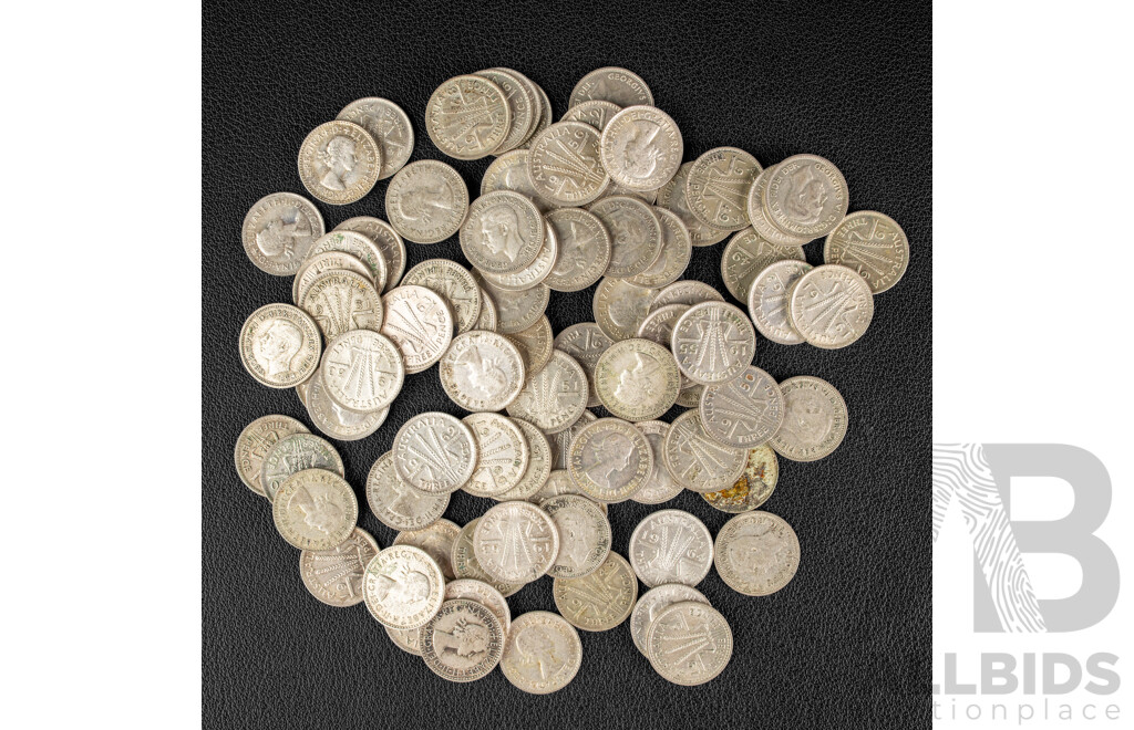 Eighty One Australian KGVI/QE2 Silver Threepence Spanning 1948 to 1964 .500