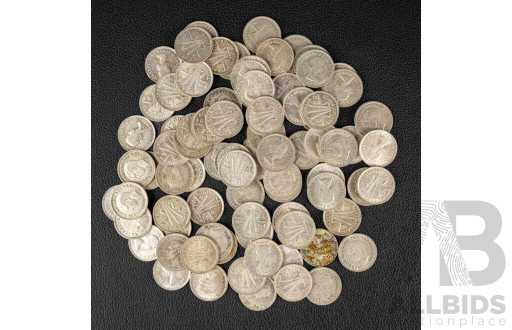 Eighty One Australian KGVI/QE2 Silver Threepence Spanning 1948 to 1964 .500