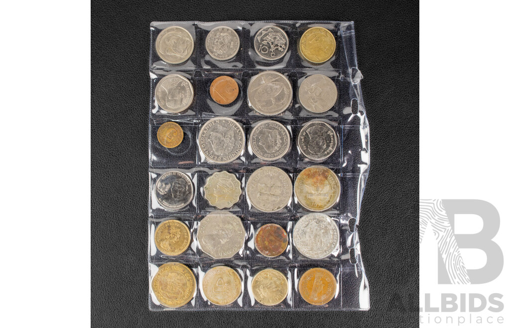 Collection of International Vintage Coins Including United Kingdom Royal Shield Set, USA 1936 Five Cents, Netherlands, Euro, New Zealand, Mexico, Saint George Sailors Medal
