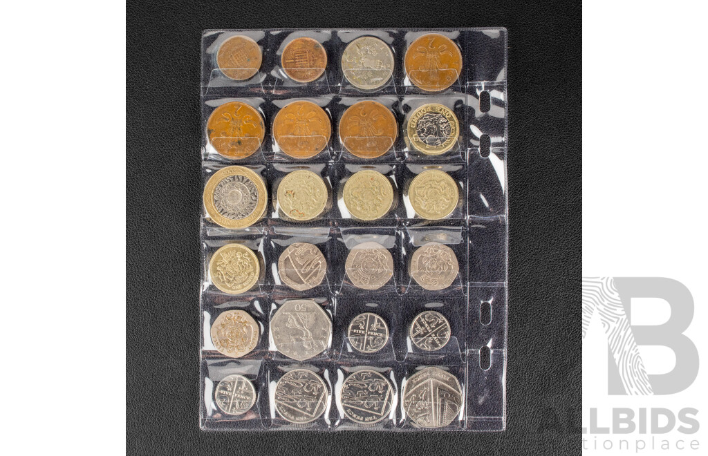 Collection of International Vintage Coins Including United Kingdom Royal Shield Set, USA 1936 Five Cents, Netherlands, Euro, New Zealand, Mexico, Saint George Sailors Medal