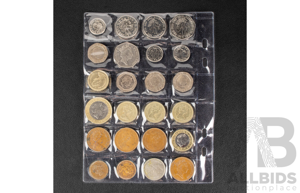 Collection of International Vintage Coins Including United Kingdom Royal Shield Set,  USA 1936 Five Cents, Netherlands, Euro, New Zealand, Mexico, Saint George Sailors Medal