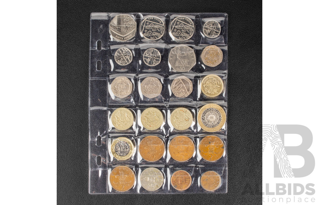 Collection of International Vintage Coins Including United Kingdom Royal Shield Set,  USA 1936 Five Cents, Netherlands, Euro, New Zealand, Mexico, Saint George Sailors Medal
