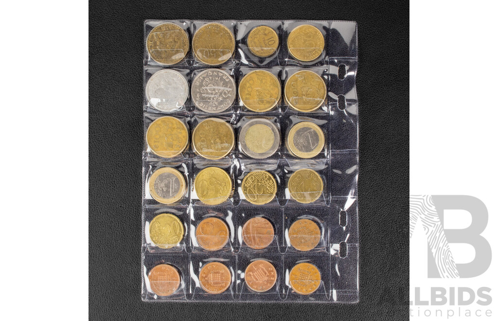 Collection of International Vintage Coins Including United Kingdom Royal Shield Set,  USA 1936 Five Cents, Netherlands, Euro, New Zealand, Mexico, Saint George Sailors Medal