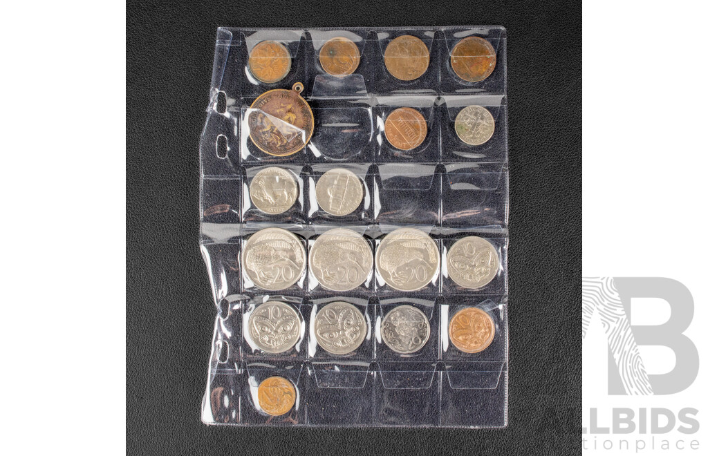 Collection of International Vintage Coins Including United Kingdom Royal Shield Set,  USA 1936 Five Cents, Netherlands, Euro, New Zealand, Mexico, Saint George Sailors Medal