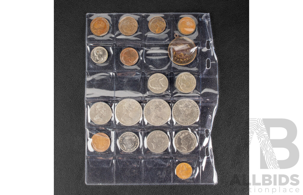 Collection of International Vintage Coins Including United Kingdom Royal Shield Set,  USA 1936 Five Cents, Netherlands, Euro, New Zealand, Mexico, Saint George Sailors Medal
