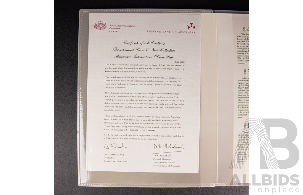 Australian RAM 1988 Bicentennial Coin and Note Collection Folder, Includes Silver Ten Dollar Coin and Commemorative Ten Dollar Note