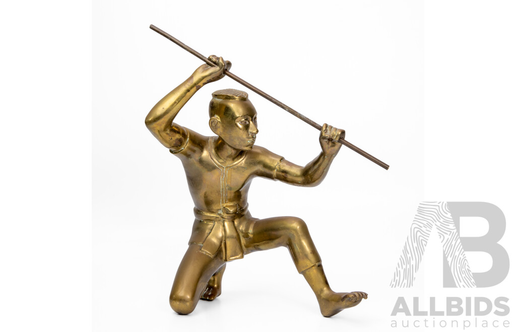 Vintage Brass Warrior Statue in Combat Pose