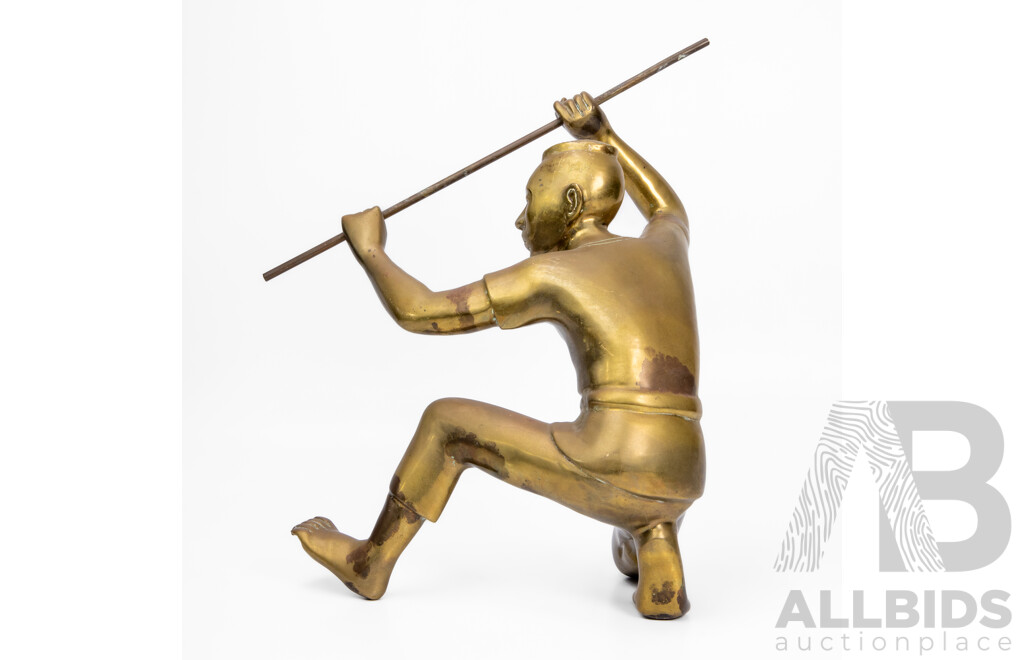 Vintage Brass Warrior Statue in Combat Pose