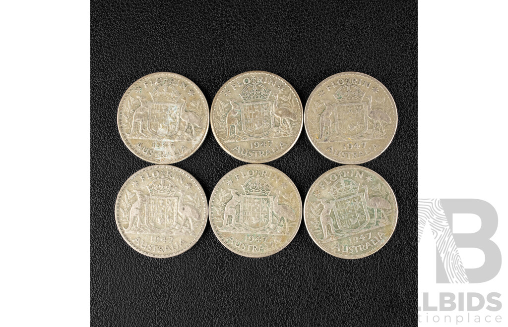 Six Australian 1947 KGVI Silver Florins .500