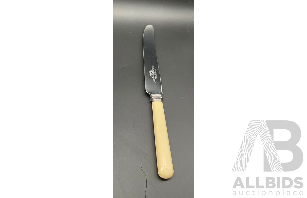 Vintage Set of 11 Robert F Morley 'Rusnorstain' Faux Bone Handled Knives & 1x Robert F Wilding 'Cathedral Cutlery Co.' Faux Bone Handled Knife