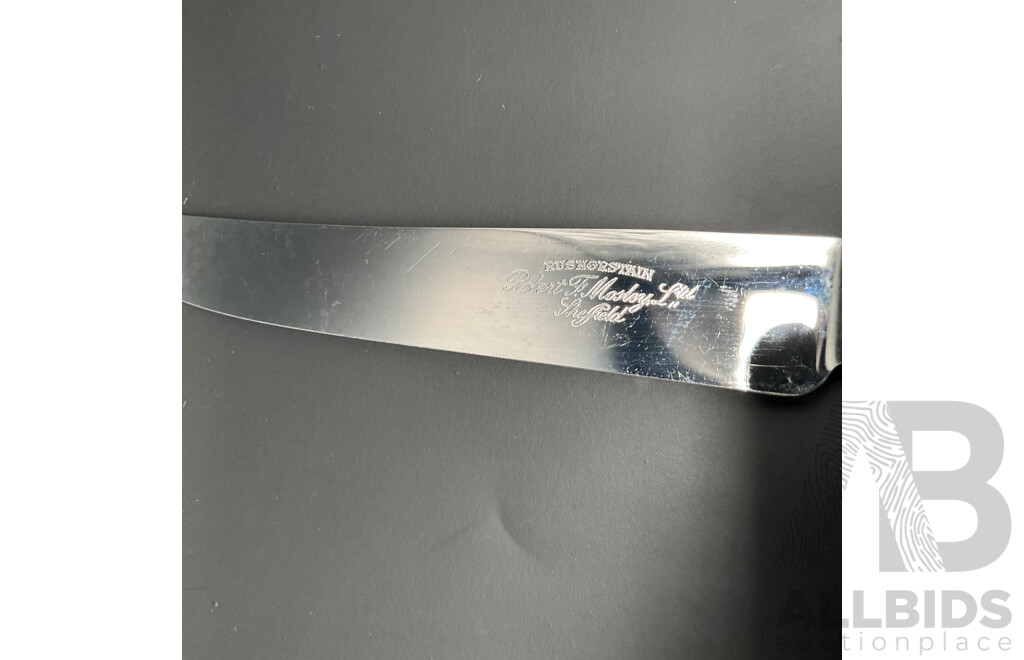 Vintage Set of 11 Robert F Morley 'Rusnorstain' Faux Bone Handled Knives & 1x Robert F Wilding 'Cathedral Cutlery Co.' Faux Bone Handled Knife