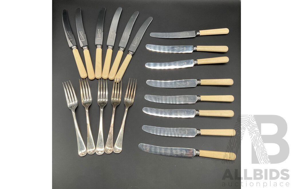 Vintage Firth Brearley Stainless Bone Handle Knives and Forks by Dalton Cutlery Co. and Gainsborough Cutlery - 19 Piece