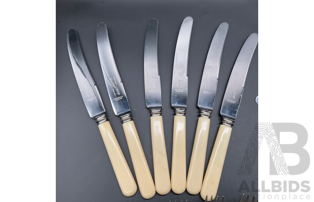 Vintage Firth Brearley Stainless Bone Handle Knives and Forks by Dalton Cutlery Co. and Gainsborough Cutlery - 19 Piece