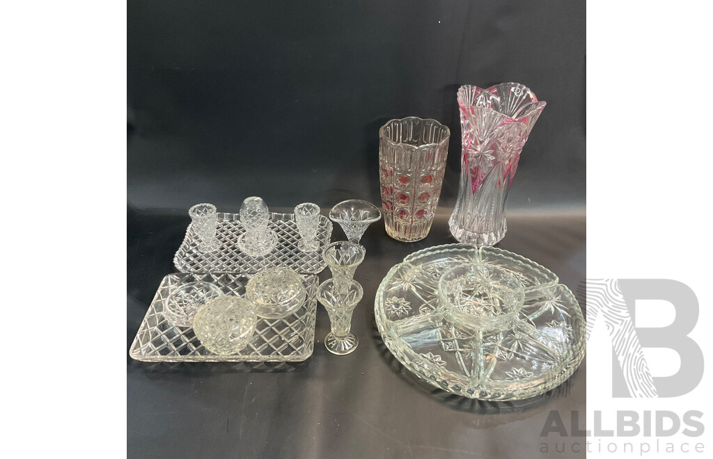 Vintage Anchor Hocking Pre-cut Glass Lazy Susan Set & Assorted Dressing Table Pieces and Vase