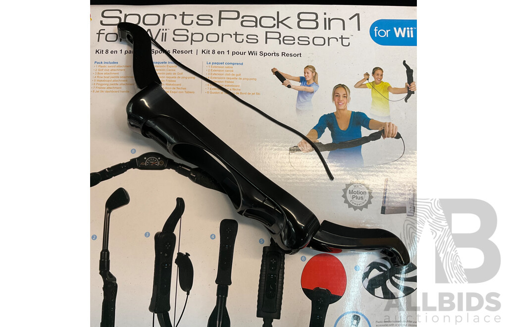 Nintendo Wii Console with Wii Fit Plus and MarioKart Game/Steering Wheel & Sports Pact 8 in 1 for Wii Sports Resort
