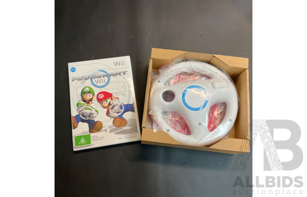 Nintendo Wii Console with Wii Fit Plus and MarioKart Game/Steering Wheel & Sports Pact 8 in 1 for Wii Sports Resort