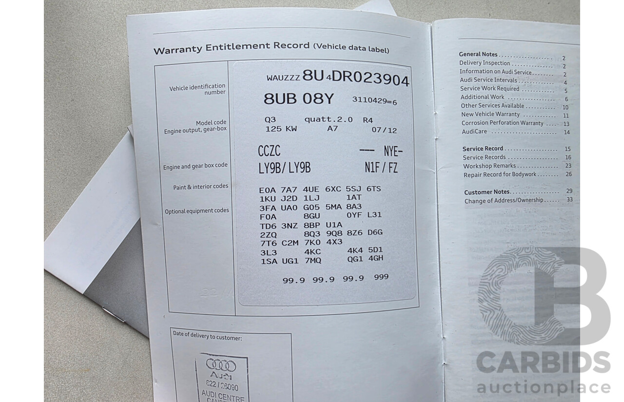 10/2012 Audi Q3 2.0 TFSI Quattro (125kw) 8U 4d Wagon Black 2.0L