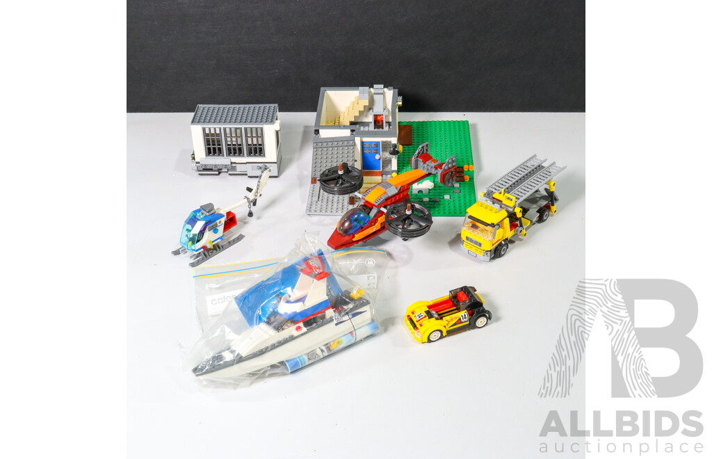 Box of Various Constructed Lego Pieces