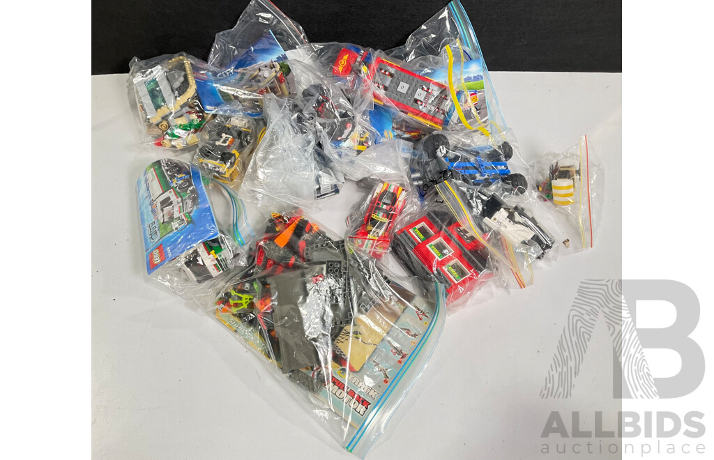 Box of Various Constructed Lego Emergency Vehicles