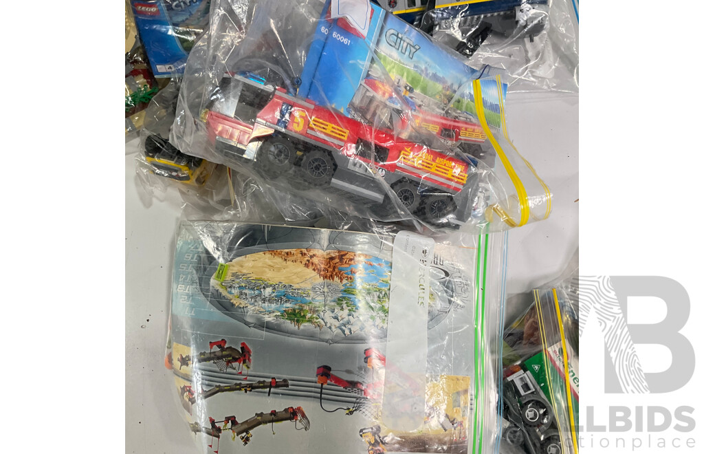 Box of Various Constructed Lego Emergency Vehicles