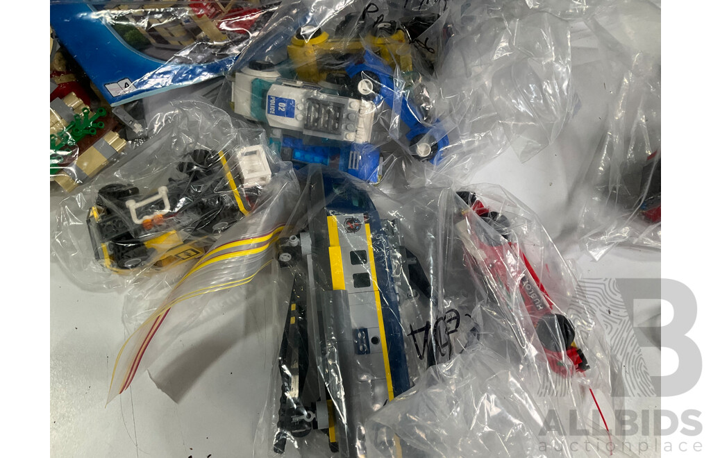 Box of Various Constructed Lego Emergency Vehicles