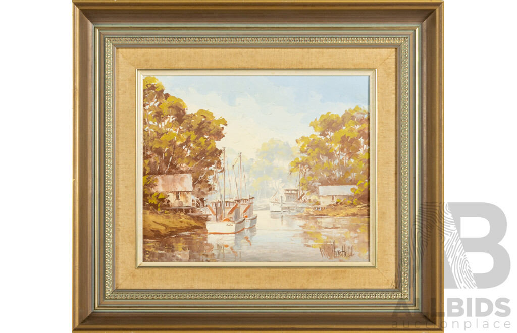 William Kennedy Mitchell, (20th Century, Scottish-Born Australian, 1925-?), Myall LakesTrawlers (1990), Original Oil on Canvas Board, 42 x 48 cm (frame)