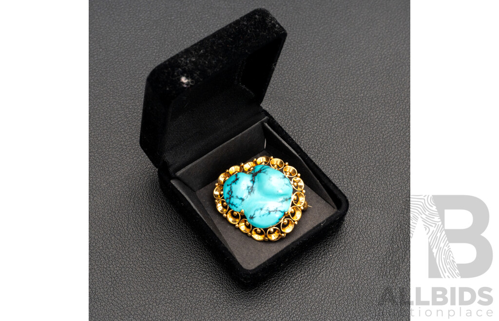 14ct Yellow Gold Vintage Freeform Turquoise Stone Brooch - 8gms