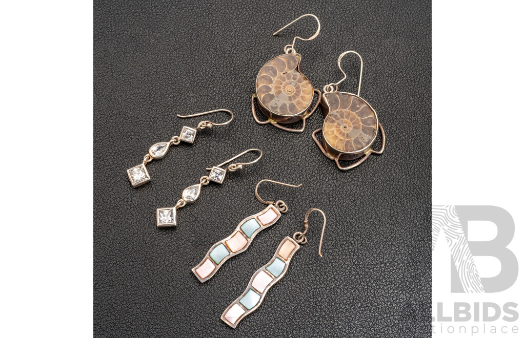 925 Sterling Silver Assorted Drop Earrings. Lot of 3 - 29.87gms