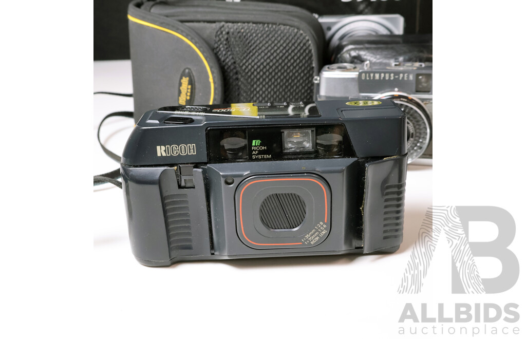 Vintage Compact & Rangefinder Cameras: Nikon Coolpix S9100, Olympus Pen EE & Ricoh TF-500D with Vintage Filters & Accessories
