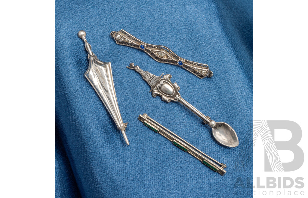 3x Sterling Silver Brooches, 1x Silver Plated Base Metal Brooch - Lot of 4