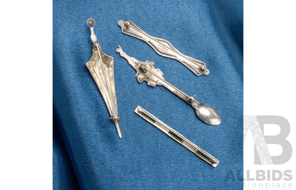 3x Sterling Silver Brooches, 1x Silver Plated Base Metal Brooch - Lot of 4