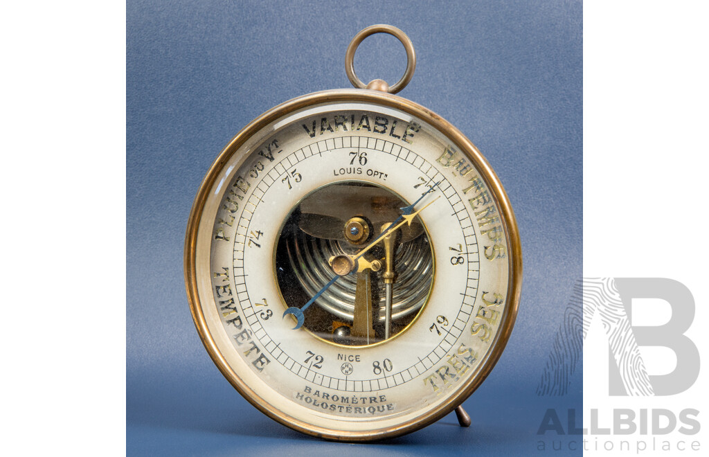 Good Art Deco Aneroid Brass Cased Barometer by Lous Opticians, France, 1920s