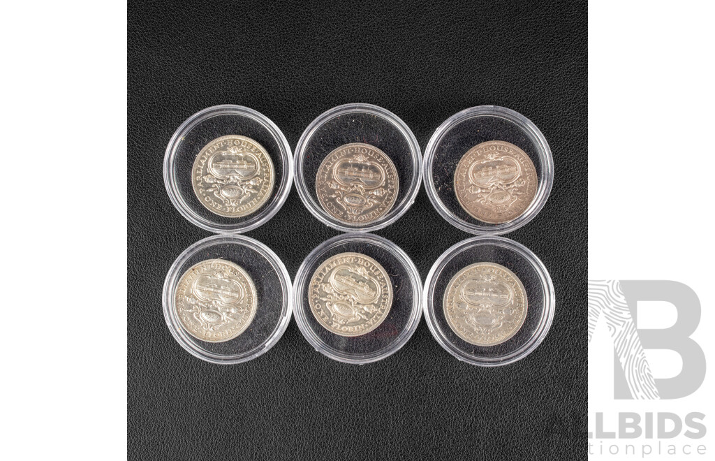 Six Australian 1927 KGV Silver Florins, Commemorative Parliament House .925
