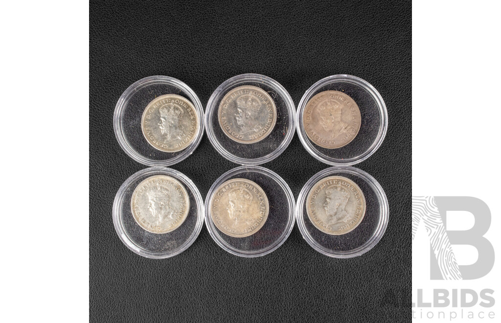 Six Australian 1927 KGV Silver Florins, Commemorative Parliament House .925