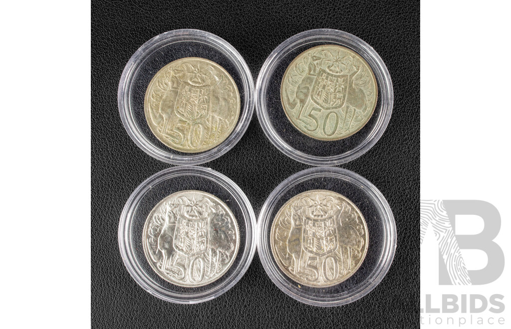 Four Australian 1966 Round Silver Fifty Cent Coins .800