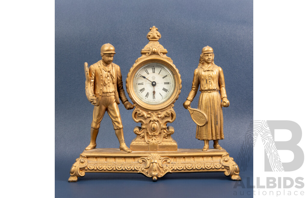 Antique Ansonia Brass Strut Clock Featuring Tennis Players