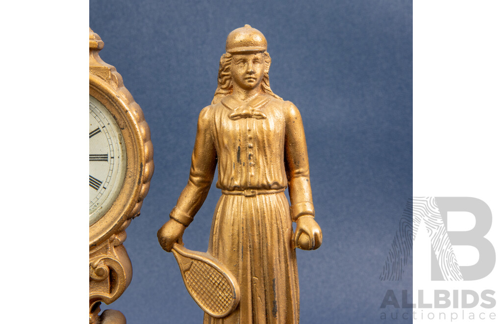 Antique Ansonia Brass Strut Clock Featuring Tennis Players