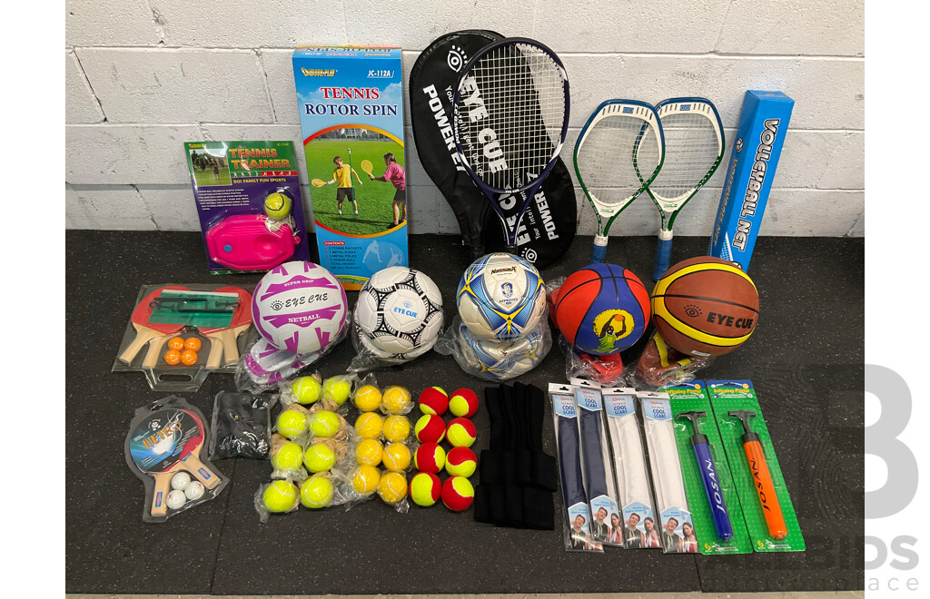 Collection of Various Sports Equipment for Tennis, Table Tennis, Basketball, Soccer, , Including Various Balls, Tennis Rotor Spin and More - Lot of 73