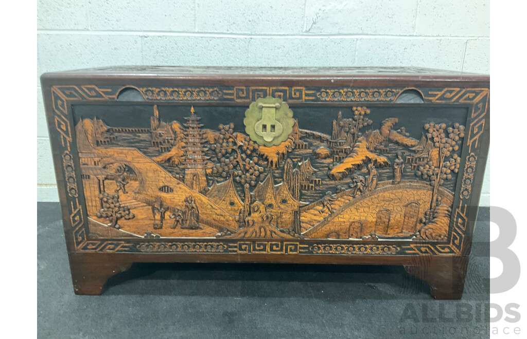 Large Antique Chinese Carved and Inlaid Wooden Chest