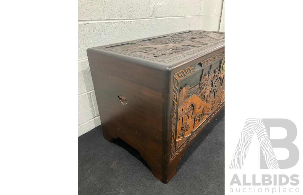 Large Antique Chinese Carved and Inlaid Wooden Chest