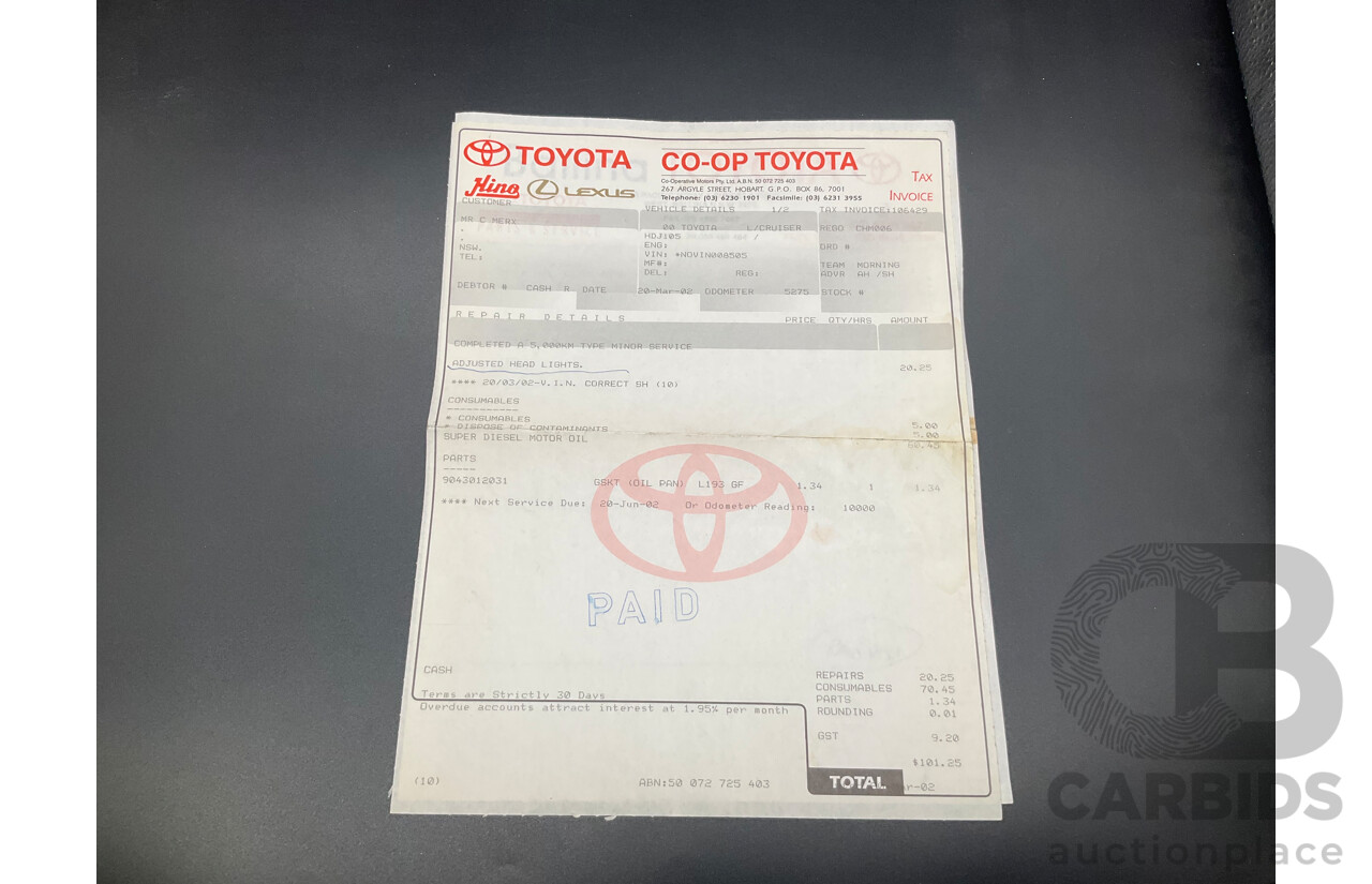 10/2001 Toyota Landcruiser GXL (4x4) HDJ100R 4d Wagon Thunder Cloud Grey Metallic Turbo Diesel 4.2L