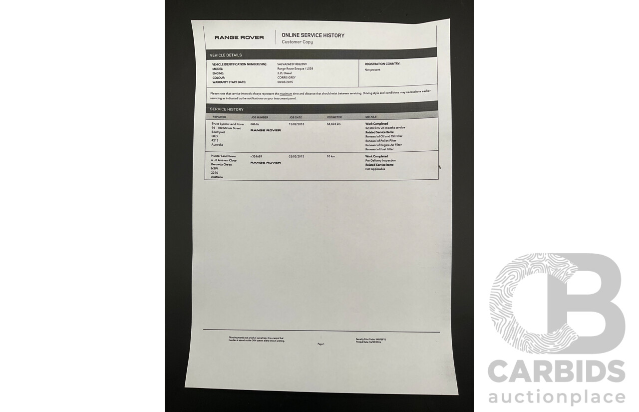 1/2015 Range Rover Evoque SD4 Dynamic LV MY15 5d Wagon Corris Grey Turbo Diesel 2.2L