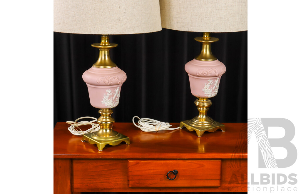 Pair of Brass and Pink Ceramic Table Lamps