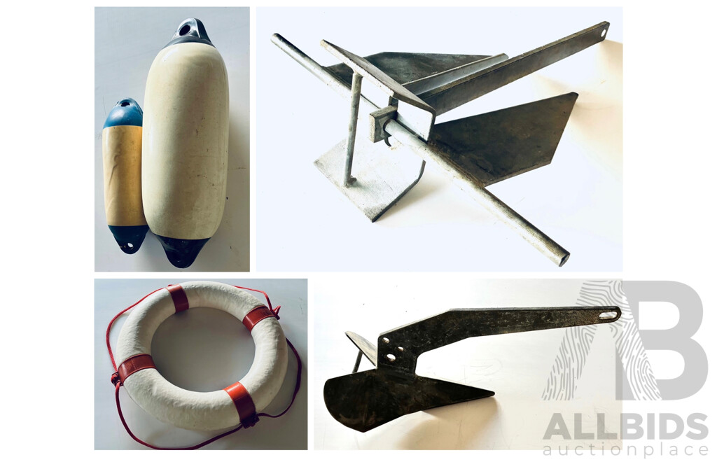 Assorted Boat Accessories, Including Life Buoy, Anchors and Feders - Lot of 5