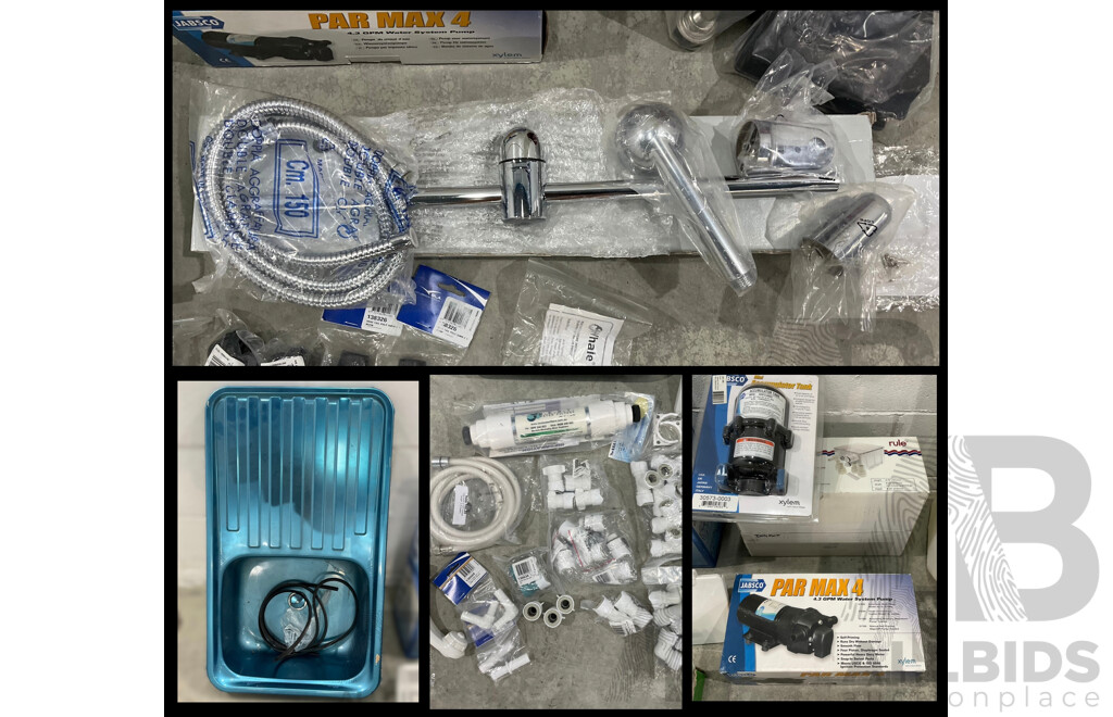 Assorted Marine Plumbing Fittings and Connections, Including Sink, Shower Fitting, Macerator Pump and More