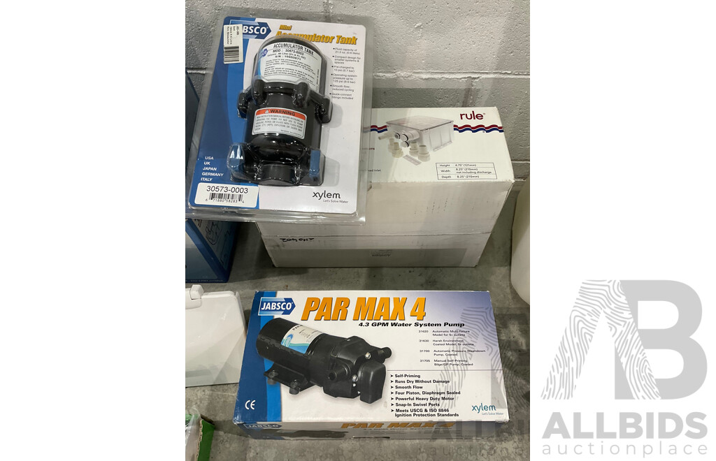 Assorted Marine Plumbing Fittings and Connections, Including Sink, Shower Fitting, Macerator Pump and More