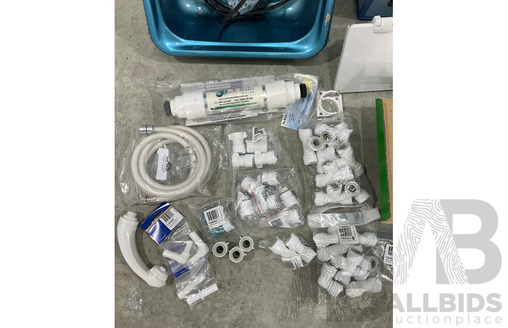 Assorted Marine Plumbing Fittings and Connections, Including Sink, Shower Fitting, Macerator Pump and More