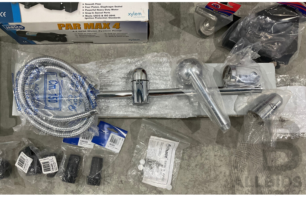 Assorted Marine Plumbing Fittings and Connections, Including Sink, Shower Fitting, Macerator Pump and More