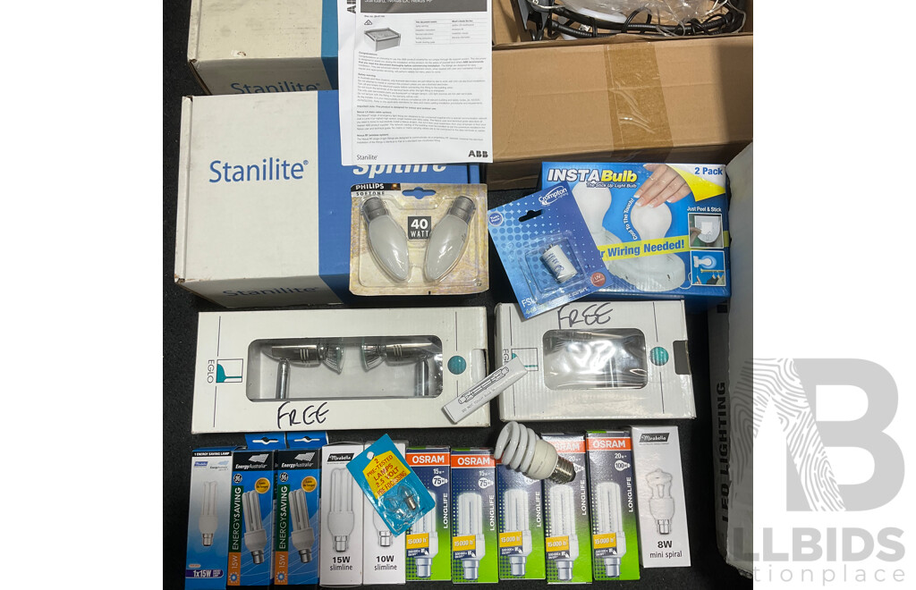 Assorted Lighting Products, Including Various LED Globes, Downlights and Light Fixtures