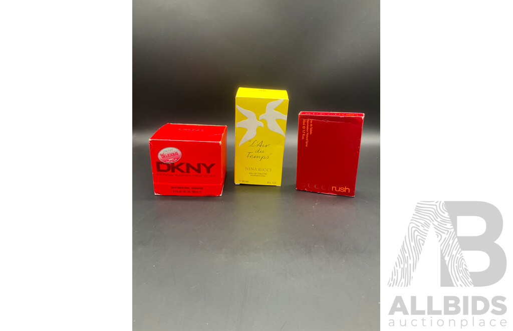 DKNY ''Red Delicious'' 100ml Eau De Parfum Spray, NINA RICCI ''L'Air Du Temps'' 30ml Eau De Toilette and GUCCI ''Rush'' 50ml Eau De Toilette - Lot of 3